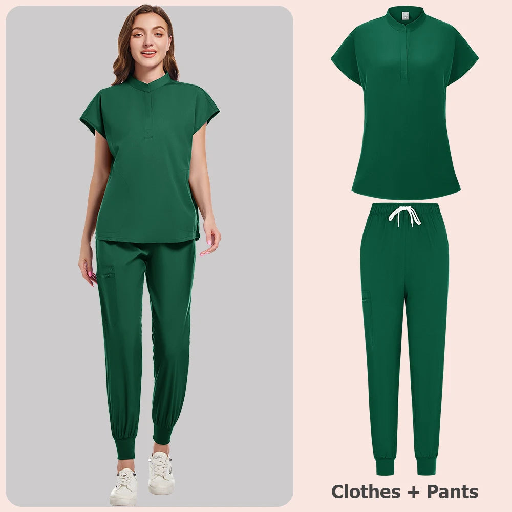 Scrubs Set Women Medical Nurse Uniforms Stand Neck V-cut Scrub Top Jogger Pants Vet Doctor Healthcare Workers Workwear