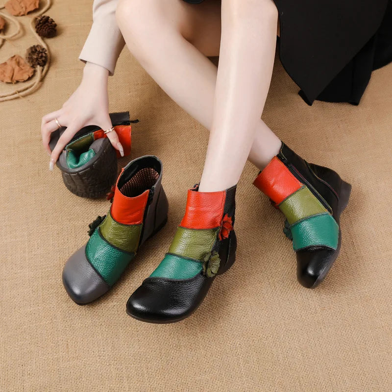 Xiuteng Winter New Low Heel Cow Muscle Sole Short Ankle Boots Ethnic Style Flower Colored Genuine Leather Women's Boo