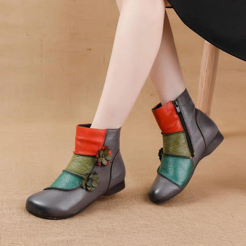 Xiuteng Winter New Low Heel Cow Muscle Sole Short Ankle Boots Ethnic Style Flower Colored Genuine Leather Women's Boo