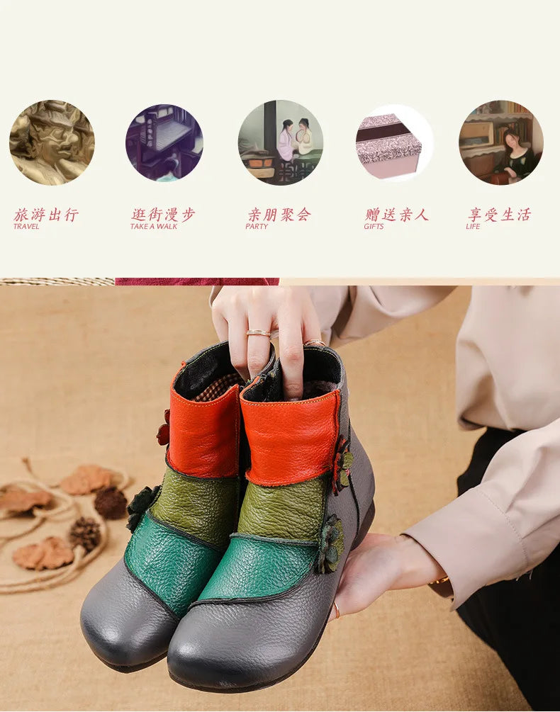 Xiuteng Winter New Low Heel Cow Muscle Sole Short Ankle Boots Ethnic Style Flower Colored Genuine Leather Women's Boo
