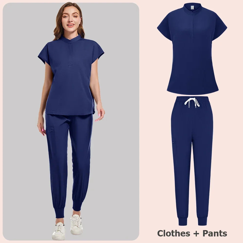 Scrubs Set Women Medical Nurse Uniforms Stand Neck V-cut Scrub Top Jogger Pants Vet Doctor Healthcare Workers Workwear
