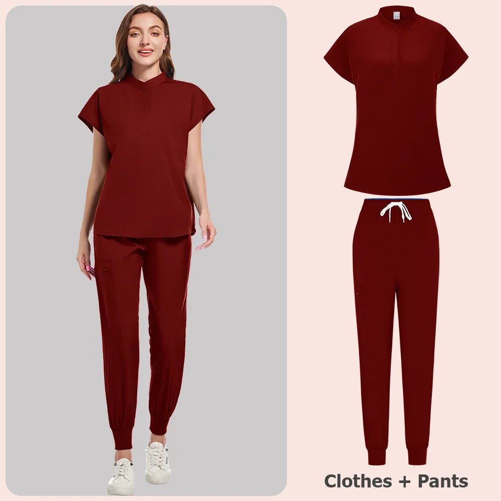 Scrubs Set Women Medical Nurse Uniforms Stand Neck V-cut Scrub Top Jogger Pants Vet Doctor Healthcare Workers Workwear