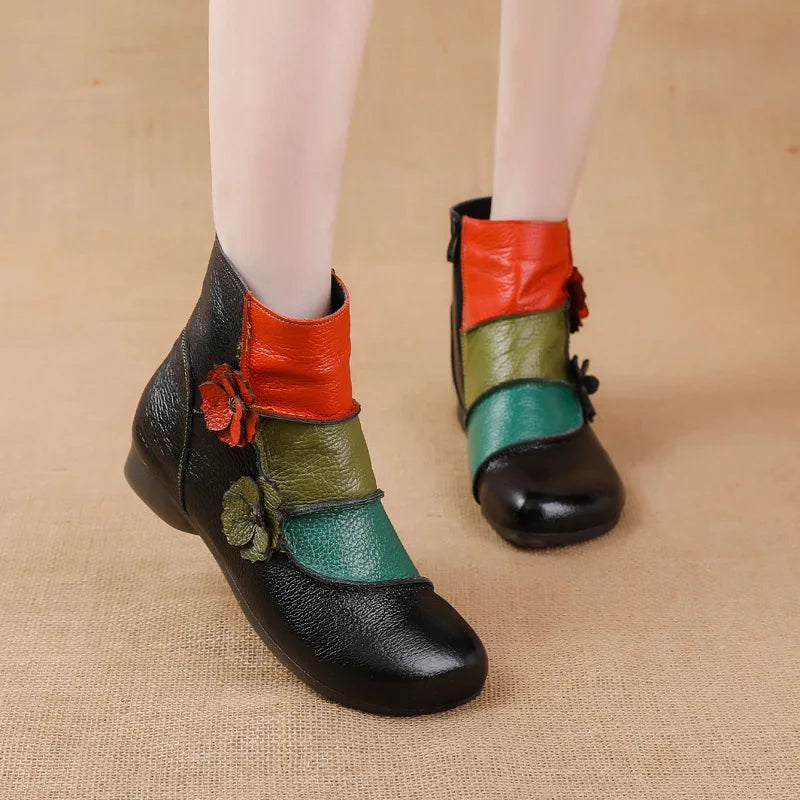 Xiuteng Winter New Low Heel Cow Muscle Sole Short Ankle Boots Ethnic Style Flower Colored Genuine Leather Women's Boo