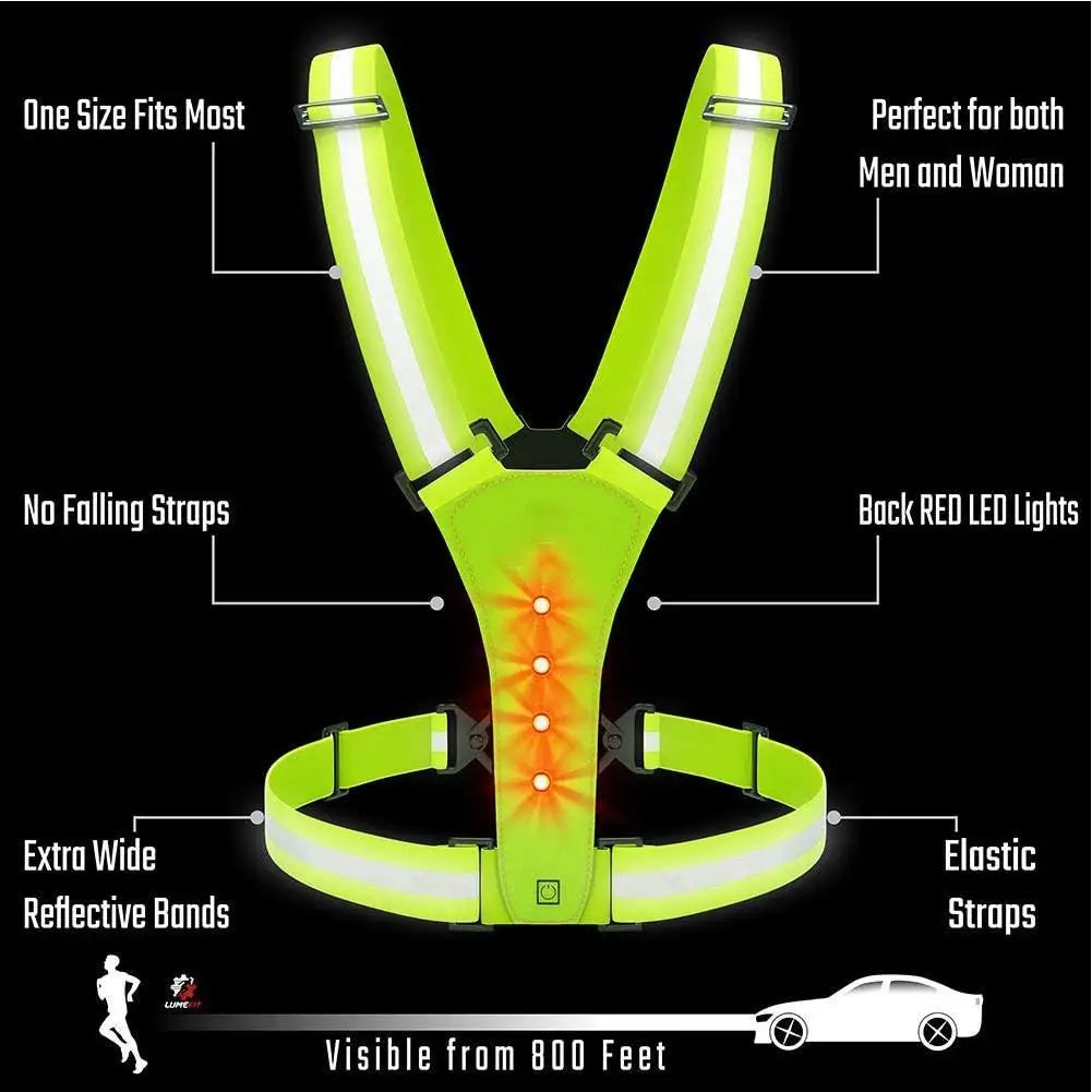 LED Light Safety Reflective Vest Adjustable Warning Night Straps Running Riding Walking