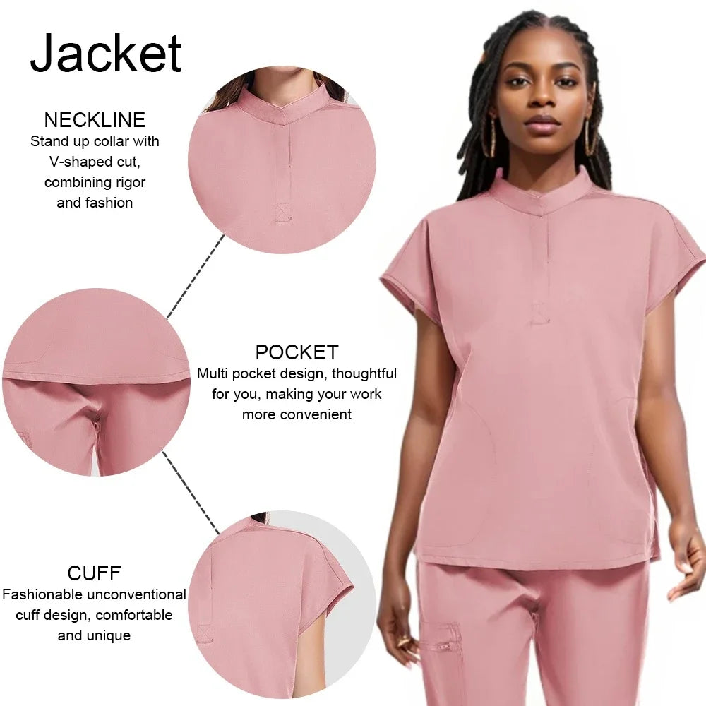 Scrubs Set Women Medical Nurse Uniforms Stand Neck V-cut Scrub Top Jogger Pants Vet Doctor Healthcare Workers Workwear