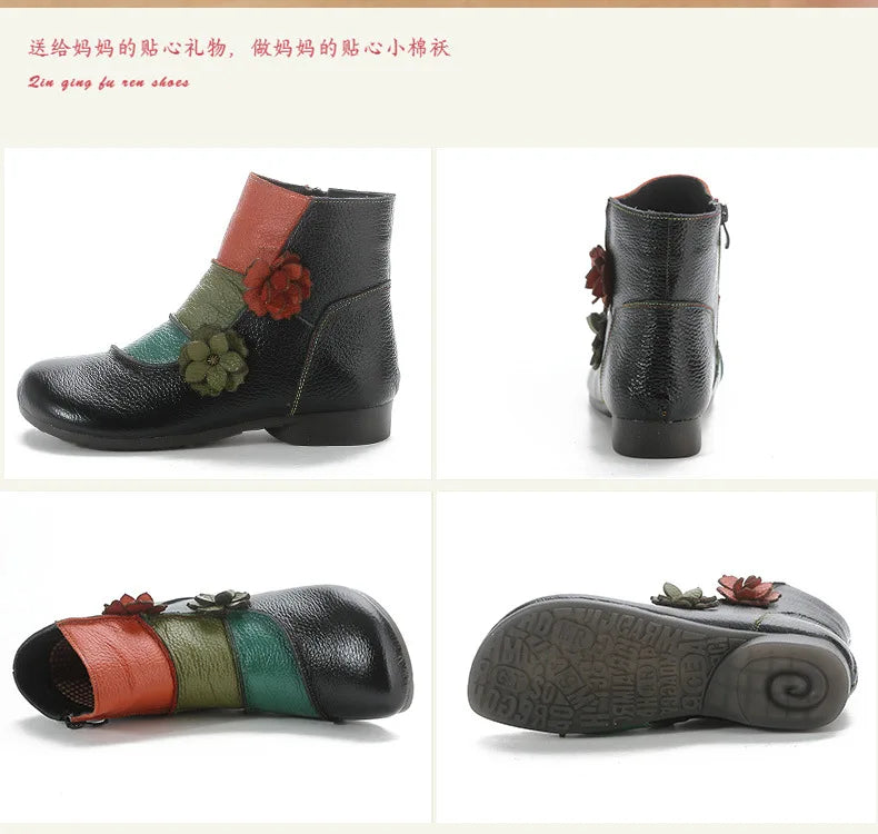 Xiuteng Winter New Low Heel Cow Muscle Sole Short Ankle Boots Ethnic Style Flower Colored Genuine Leather Women's Boo