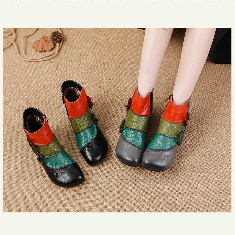 Xiuteng Winter New Low Heel Cow Muscle Sole Short Ankle Boots Ethnic Style Flower Colored Genuine Leather Women's Boo