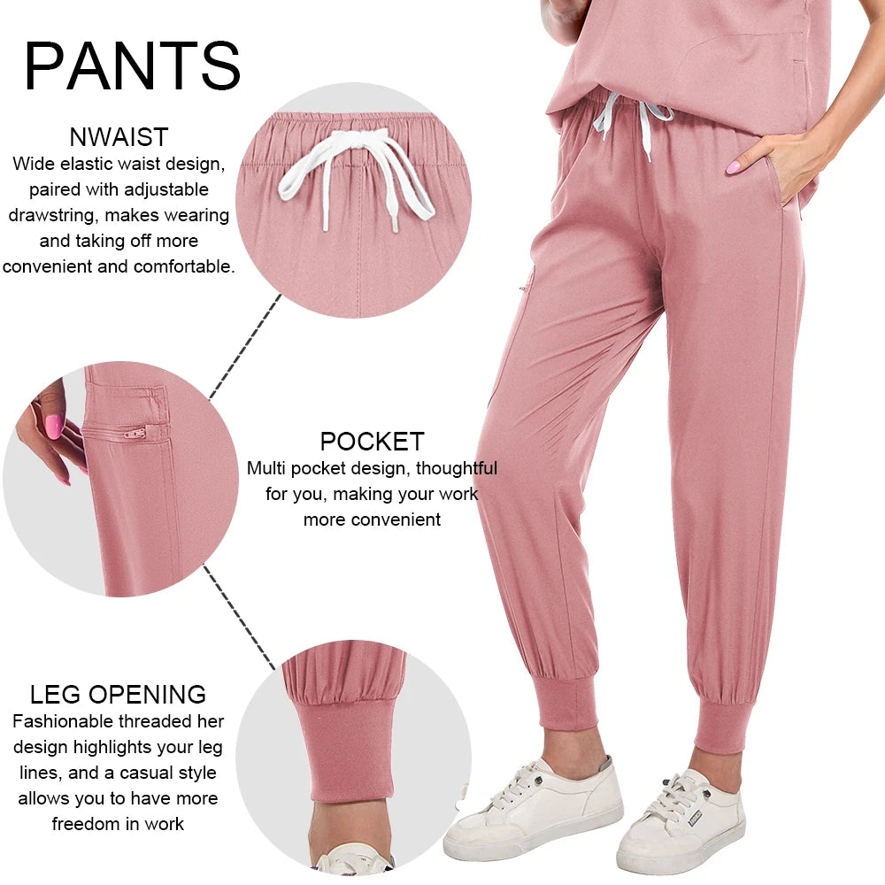 Scrubs Set Women Medical Nurse Uniforms Stand Neck V-cut Scrub Top Jogger Pants Vet Doctor Healthcare Workers Workwear