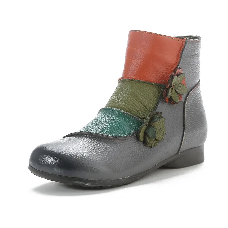 Xiuteng Winter New Low Heel Cow Muscle Sole Short Ankle Boots Ethnic Style Flower Colored Genuine Leather Women's Boo