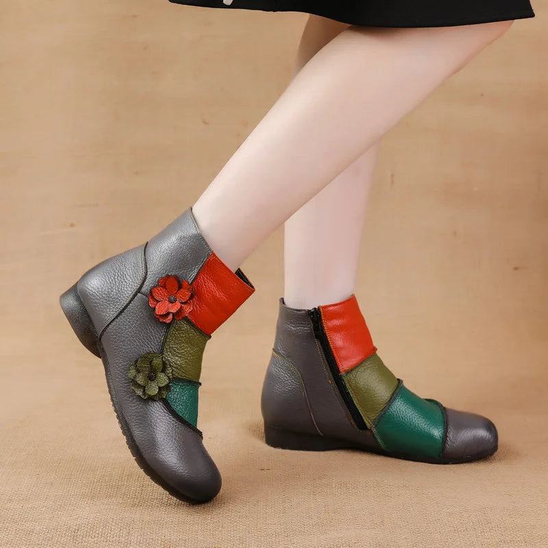 Xiuteng Winter New Low Heel Cow Muscle Sole Short Ankle Boots Ethnic Style Flower Colored Genuine Leather Women's Boo