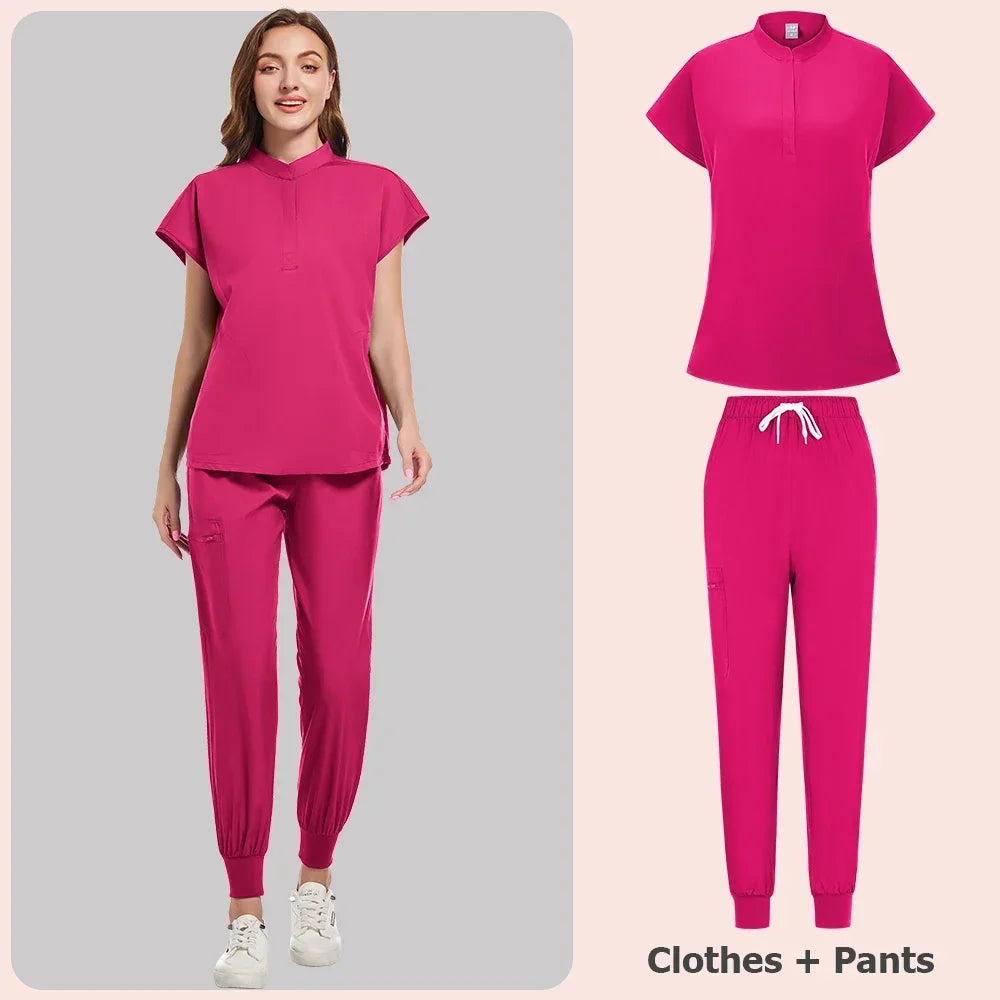 Scrubs Set Women Medical Nurse Uniforms Stand Neck V-cut Scrub Top Jogger Pants Vet Doctor Healthcare Workers Workwear