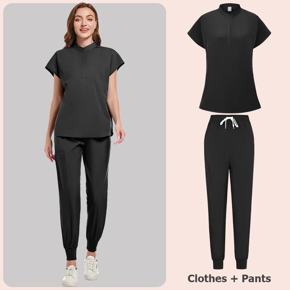 Scrubs Set Women Medical Nurse Uniforms Stand Neck V-cut Scrub Top Jogger Pants Vet Doctor Healthcare Workers Workwear
