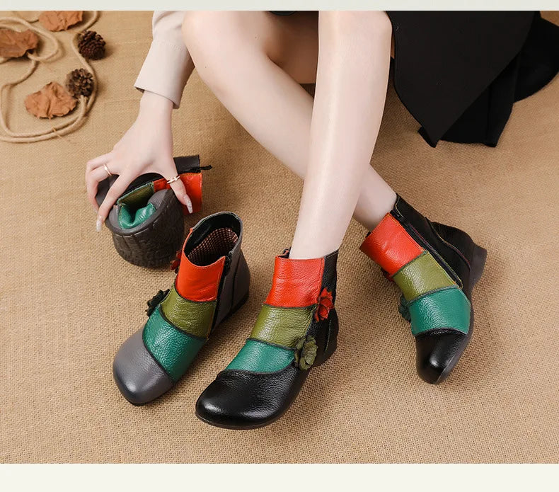 Xiuteng Winter New Low Heel Cow Muscle Sole Short Ankle Boots Ethnic Style Flower Colored Genuine Leather Women's Boo