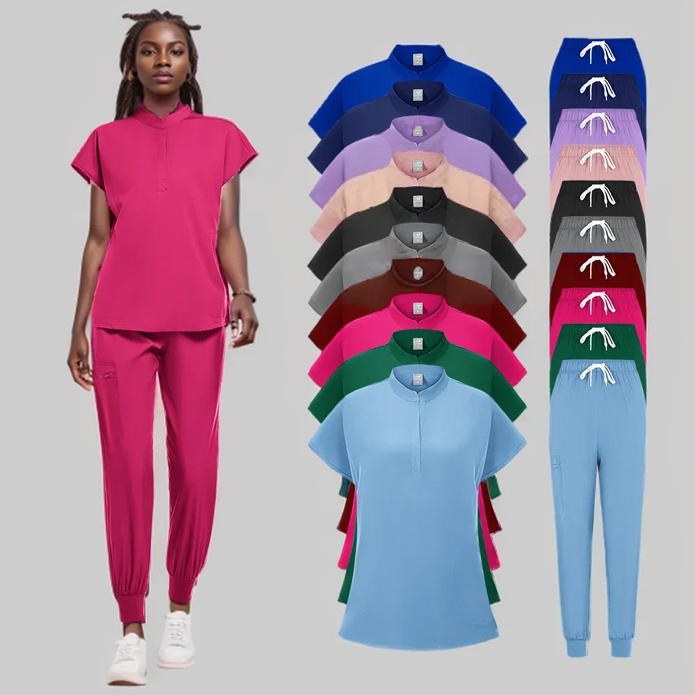Scrubs Set Women Medical Nurse Uniforms Stand Neck V-cut Scrub Top Jogger Pants Vet Doctor Healthcare Workers Workwear