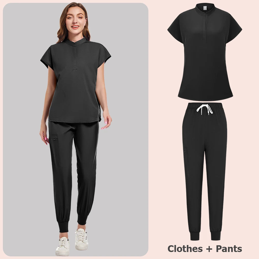 Scrubs Set Women Medical Nurse Uniforms Stand Neck V-cut Scrub Top Jogger Pants Vet Doctor Healthcare Workers Workwear