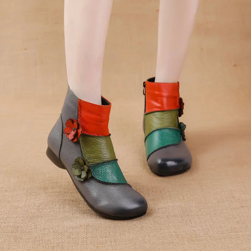 Xiuteng Winter New Low Heel Cow Muscle Sole Short Ankle Boots Ethnic Style Flower Colored Genuine Leather Women's Boo