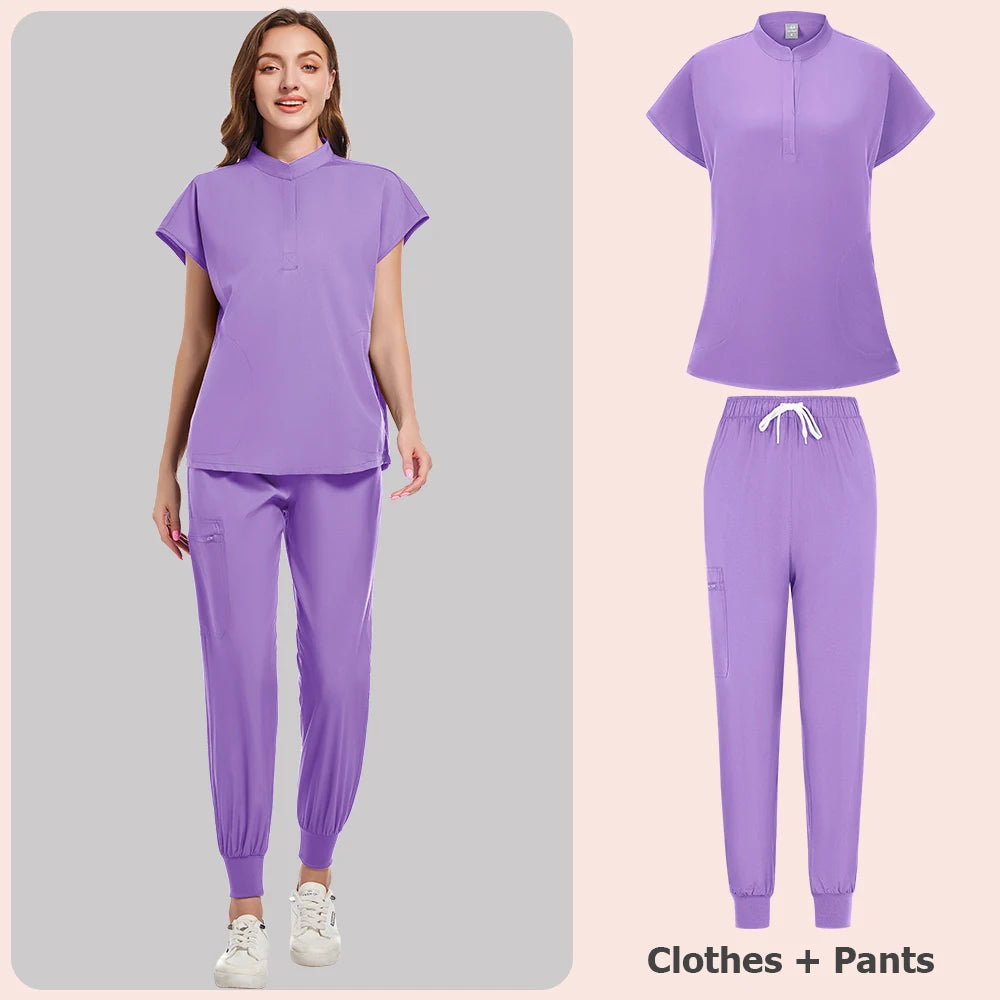 Scrubs Set Women Medical Nurse Uniforms Stand Neck V-cut Scrub Top Jogger Pants Vet Doctor Healthcare Workers Workwear