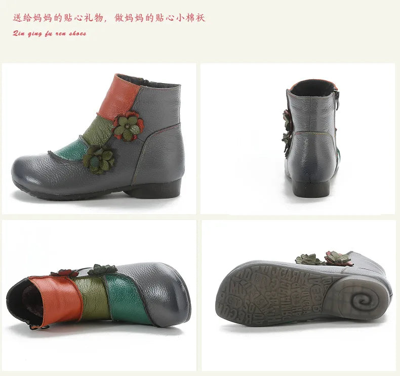 Xiuteng Winter New Low Heel Cow Muscle Sole Short Ankle Boots Ethnic Style Flower Colored Genuine Leather Women's Boo
