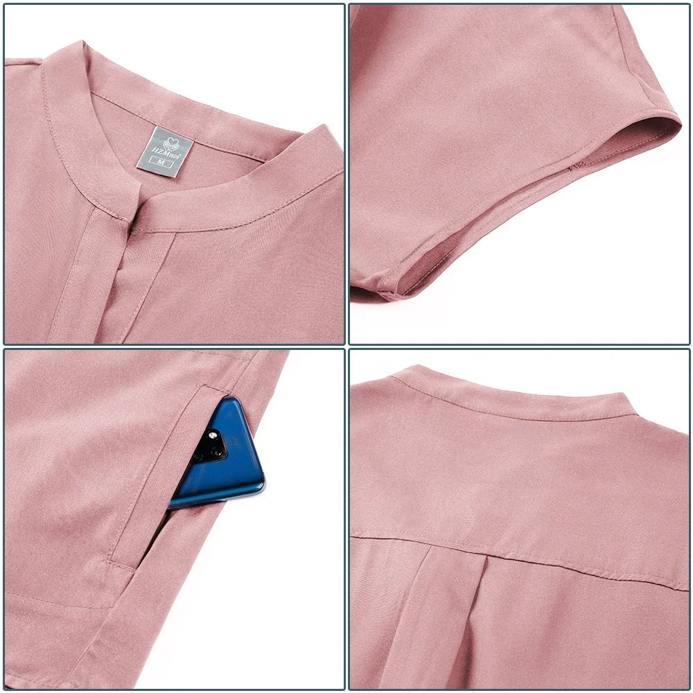 Scrubs Set Women Medical Nurse Uniforms Stand Neck V-cut Scrub Top Jogger Pants Vet Doctor Healthcare Workers Workwear