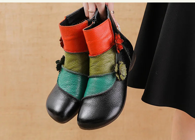 Xiuteng Winter New Low Heel Cow Muscle Sole Short Ankle Boots Ethnic Style Flower Colored Genuine Leather Women's Boo