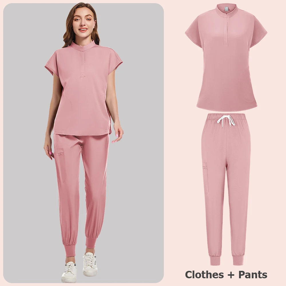 Scrubs Set Women Medical Nurse Uniforms Stand Neck V-cut Scrub Top Jogger Pants Vet Doctor Healthcare Workers Workwear