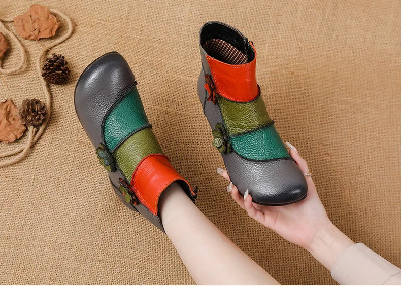 Xiuteng Winter New Low Heel Cow Muscle Sole Short Ankle Boots Ethnic Style Flower Colored Genuine Leather Women's Boo