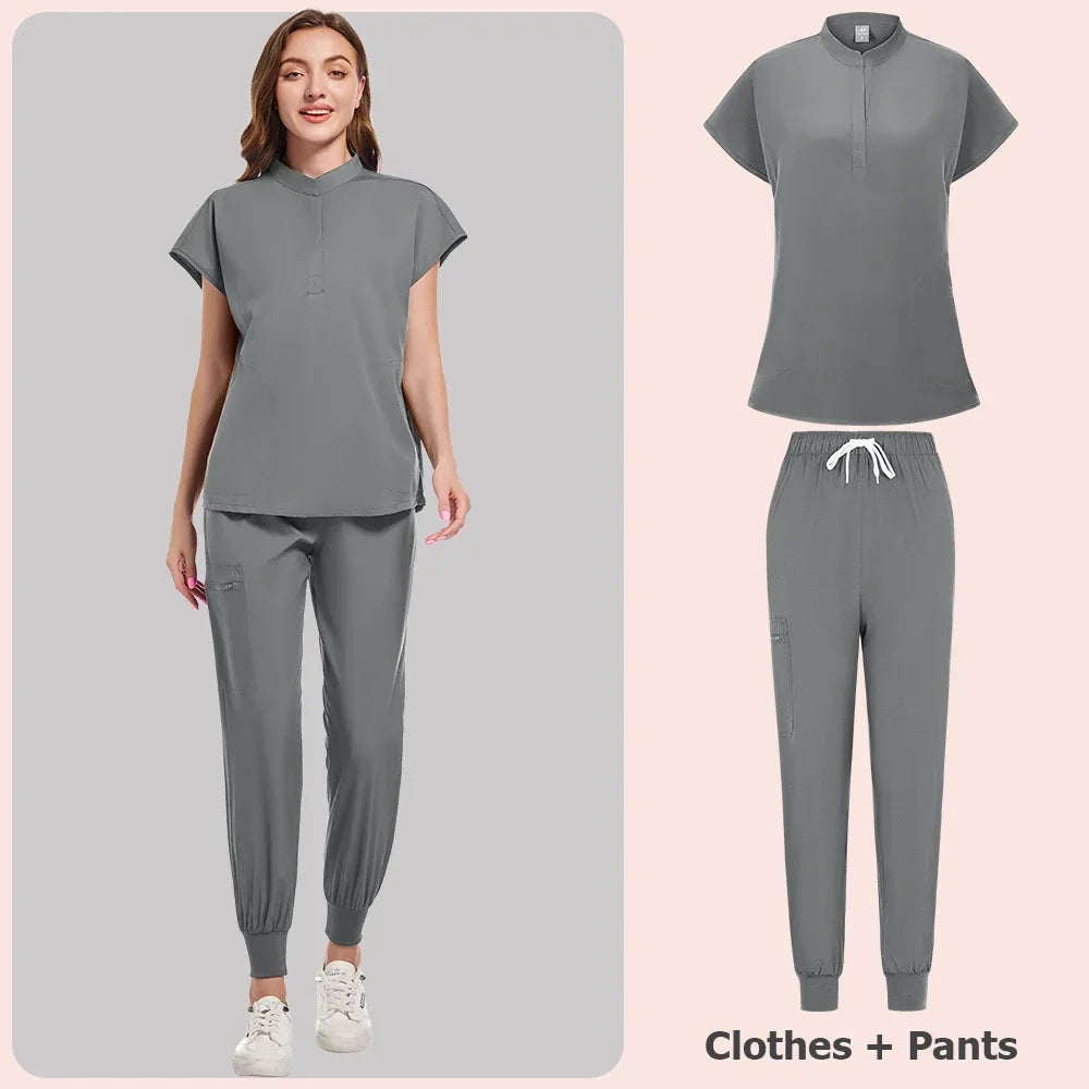 Scrubs Set Women Medical Nurse Uniforms Stand Neck V-cut Scrub Top Jogger Pants Vet Doctor Healthcare Workers Workwear