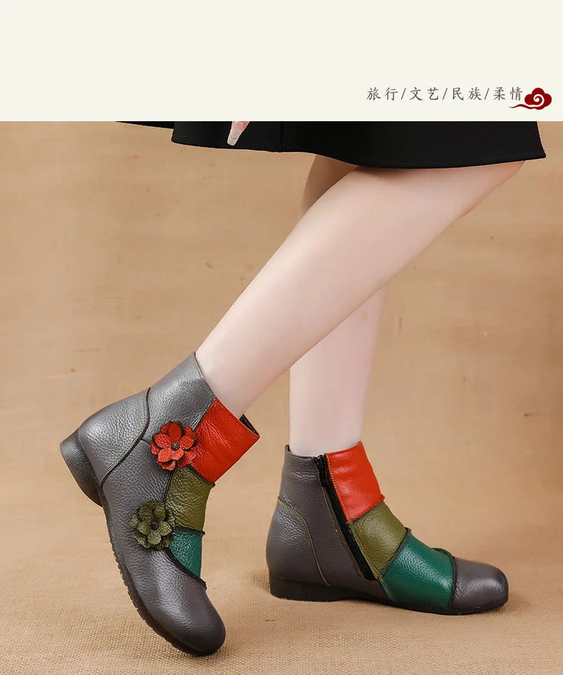 Xiuteng Winter New Low Heel Cow Muscle Sole Short Ankle Boots Ethnic Style Flower Colored Genuine Leather Women's Boo