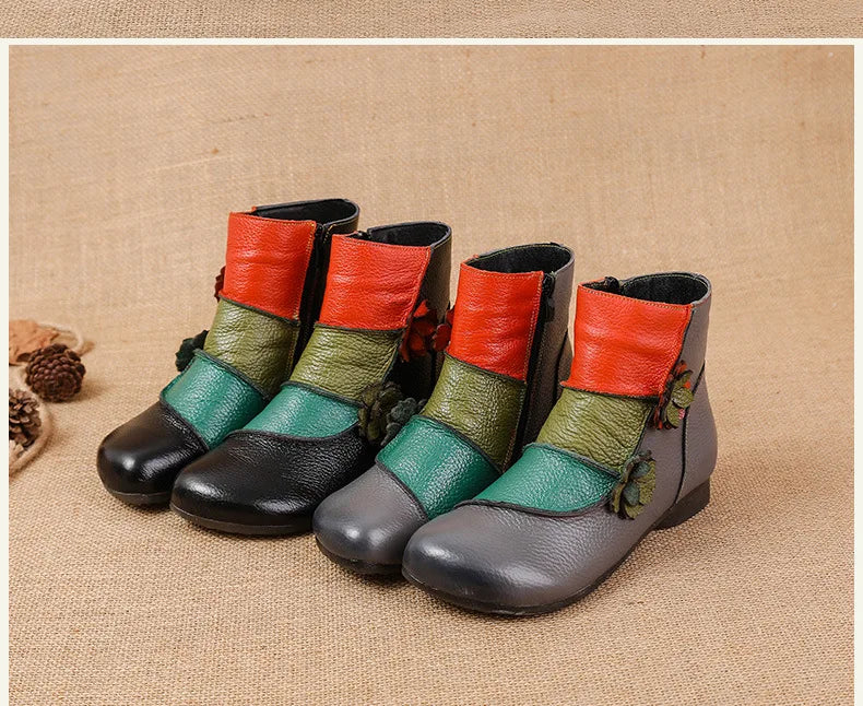 Xiuteng Winter New Low Heel Cow Muscle Sole Short Ankle Boots Ethnic Style Flower Colored Genuine Leather Women's Boo