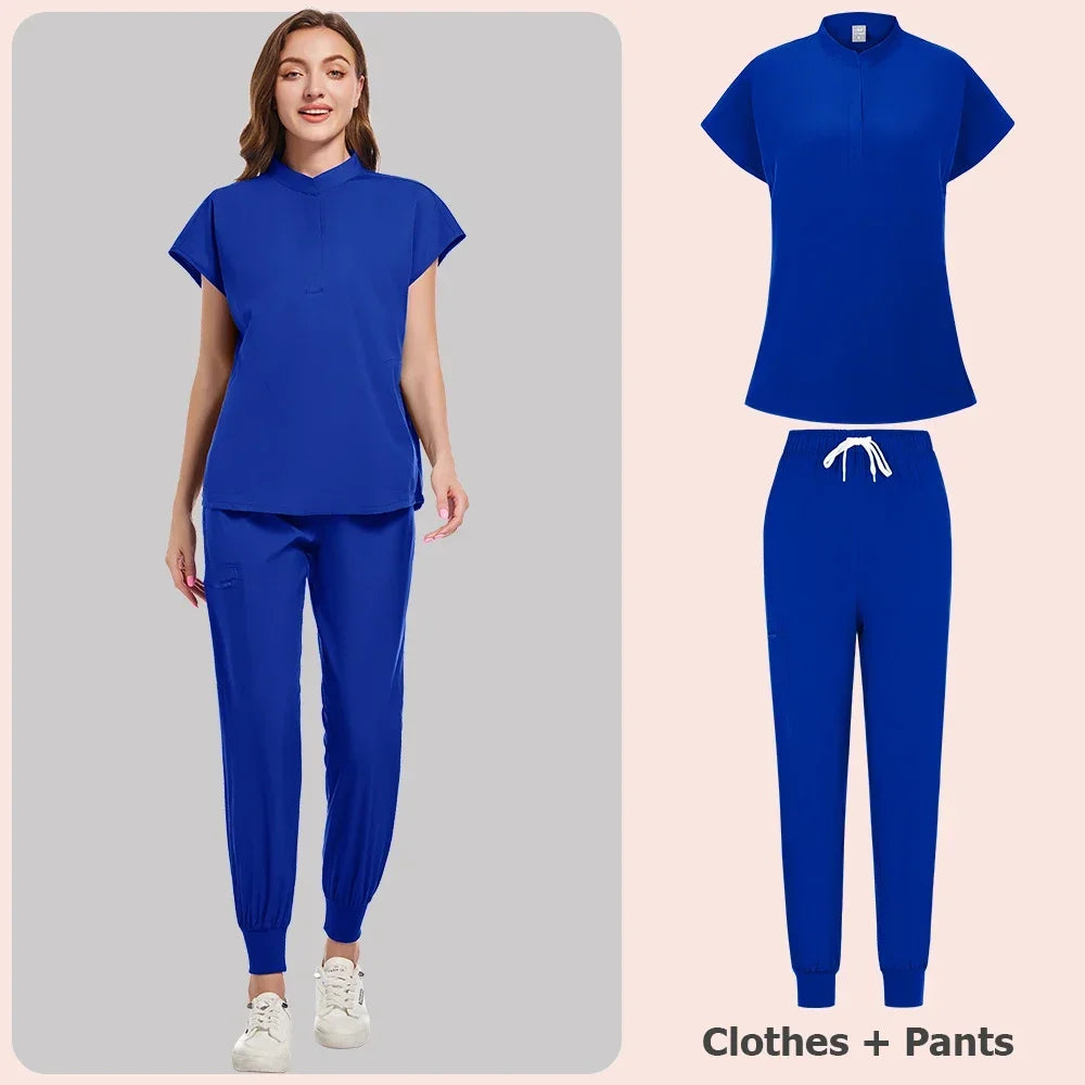 Scrubs Set Women Medical Nurse Uniforms Stand Neck V-cut Scrub Top Jogger Pants Vet Doctor Healthcare Workers Workwear