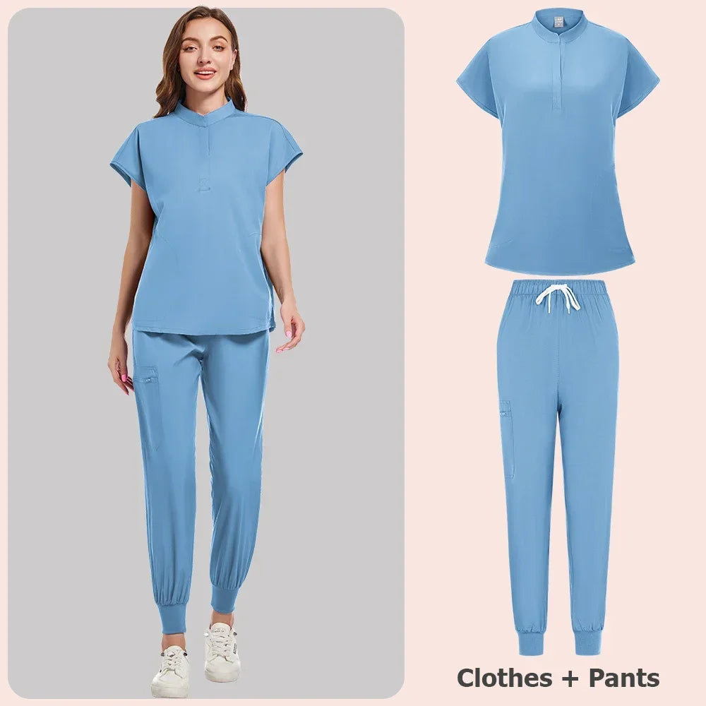 Scrubs Set Women Medical Nurse Uniforms Stand Neck V-cut Scrub Top Jogger Pants Vet Doctor Healthcare Workers Workwear