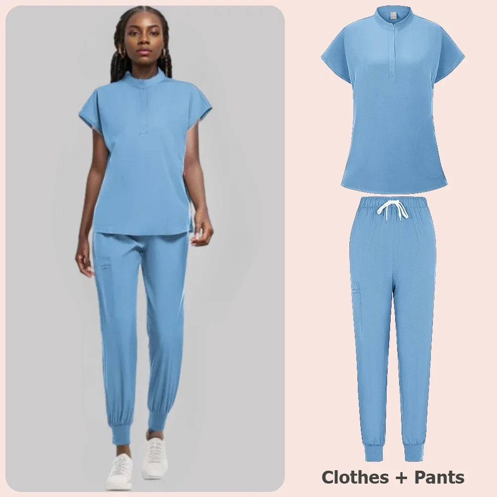 Scrubs Set Women Medical Nurse Uniforms Stand Neck V-cut Scrub Top Jogger Pants Vet Doctor Healthcare Workers Workwear