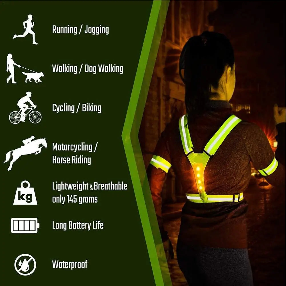 LED Light Safety Reflective Vest Adjustable Warning Night Straps Running Riding Walking