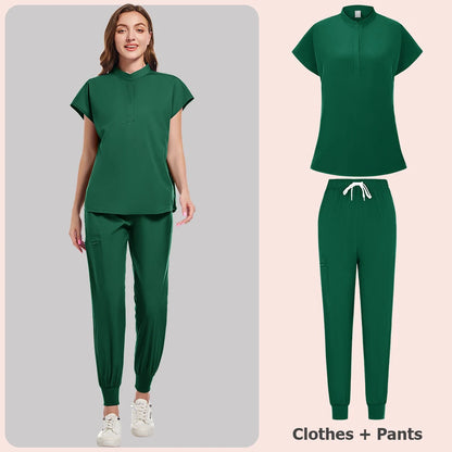Scrubs Set Women Medical Nurse Uniforms Stand Neck V-cut Scrub Top Jogger Pants Vet Doctor Healthcare Workers Workwear
