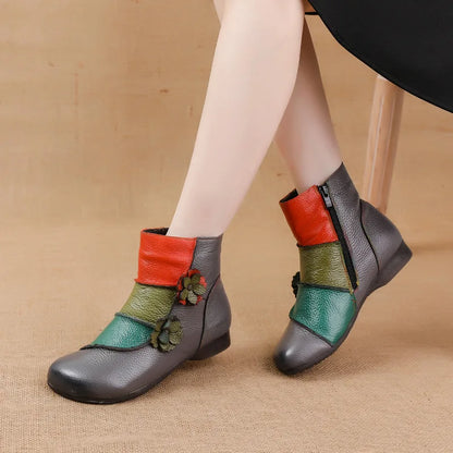 Xiuteng Winter New Low Heel Cow Muscle Sole Short Ankle  Boots Ethnic Style Flower Colored Genuine Leather Women's Boo