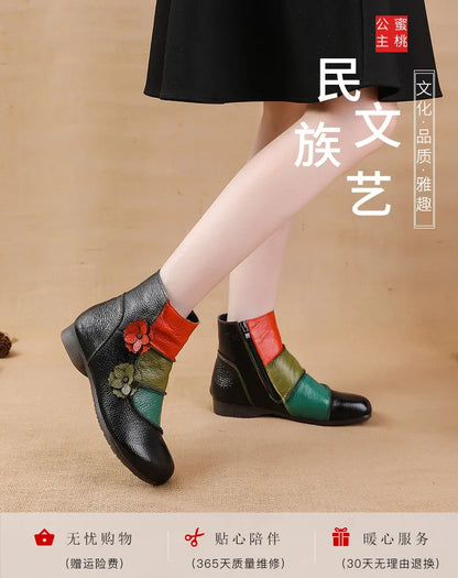 Xiuteng Winter New Low Heel Cow Muscle Sole Short Ankle  Boots Ethnic Style Flower Colored Genuine Leather Women's Boo