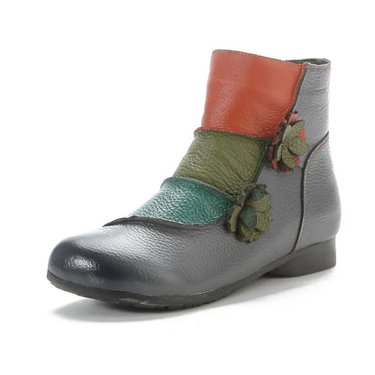 Xiuteng Winter New Low Heel Cow Muscle Sole Short Ankle  Boots Ethnic Style Flower Colored Genuine Leather Women's Boo