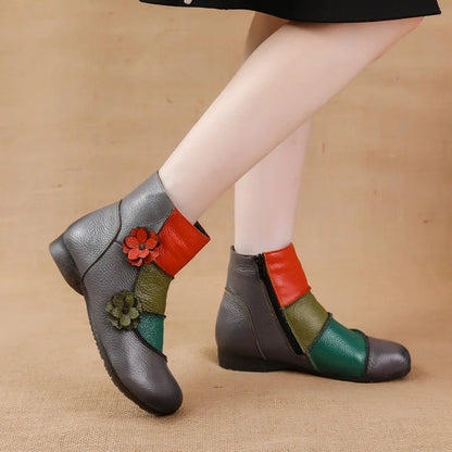 Xiuteng Winter New Low Heel Cow Muscle Sole Short Ankle  Boots Ethnic Style Flower Colored Genuine Leather Women's Boo