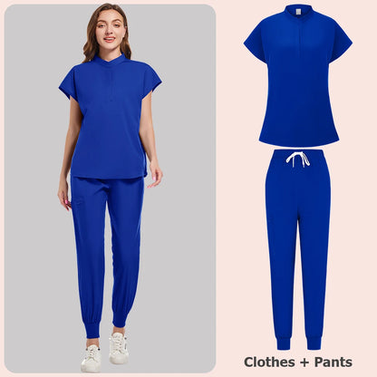 Scrubs Set Women Medical Nurse Uniforms Stand Neck V-cut Scrub Top Jogger Pants Vet Doctor Healthcare Workers Workwear