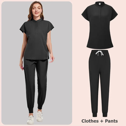 Scrubs Set Women Medical Nurse Uniforms Stand Neck V-cut Scrub Top Jogger Pants Vet Doctor Healthcare Workers Workwear