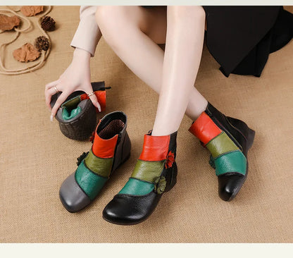 Xiuteng Winter New Low Heel Cow Muscle Sole Short Ankle  Boots Ethnic Style Flower Colored Genuine Leather Women's Boo