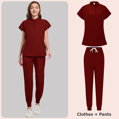 Scrubs Set Women Medical Nurse Uniforms Stand Neck V-cut Scrub Top Jogger Pants Vet Doctor Healthcare Workers Workwear