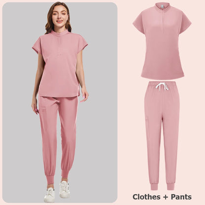 Scrubs Set Women Medical Nurse Uniforms Stand Neck V-cut Scrub Top Jogger Pants Vet Doctor Healthcare Workers Workwear