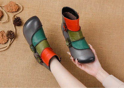 Xiuteng Winter New Low Heel Cow Muscle Sole Short Ankle  Boots Ethnic Style Flower Colored Genuine Leather Women's Boo