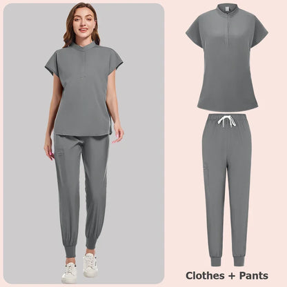 Scrubs Set Women Medical Nurse Uniforms Stand Neck V-cut Scrub Top Jogger Pants Vet Doctor Healthcare Workers Workwear