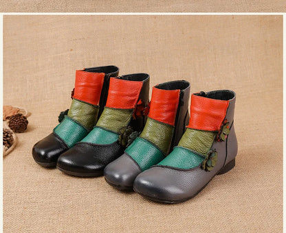 Xiuteng Winter New Low Heel Cow Muscle Sole Short Ankle  Boots Ethnic Style Flower Colored Genuine Leather Women's Boo
