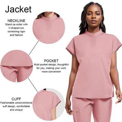 Scrubs Set Women Medical Nurse Uniforms Stand Neck V-cut Scrub Top Jogger Pants Vet Doctor Healthcare Workers Workwear