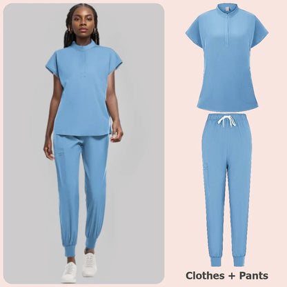 Scrubs Set Women Medical Nurse Uniforms Stand Neck V-cut Scrub Top Jogger Pants Vet Doctor Healthcare Workers Workwear