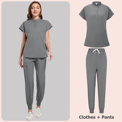 Scrubs Set Women Medical Nurse Uniforms Stand Neck V-cut Scrub Top Jogger Pants Vet Doctor Healthcare Workers Workwear